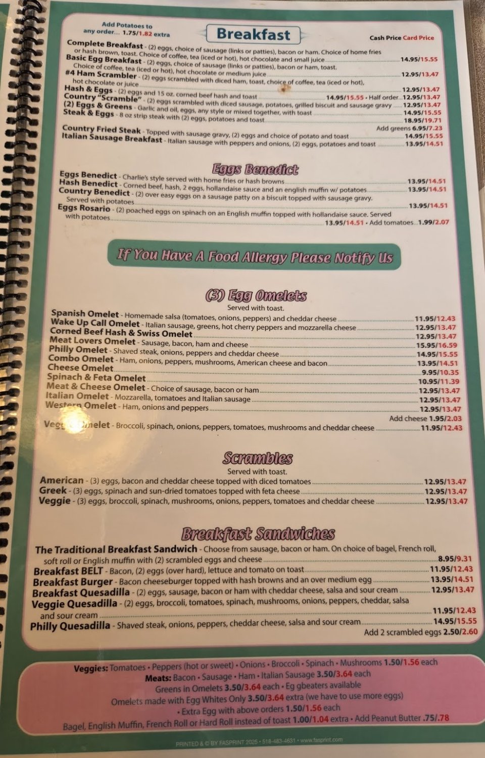 Printed menu showing eggs and scrambles.