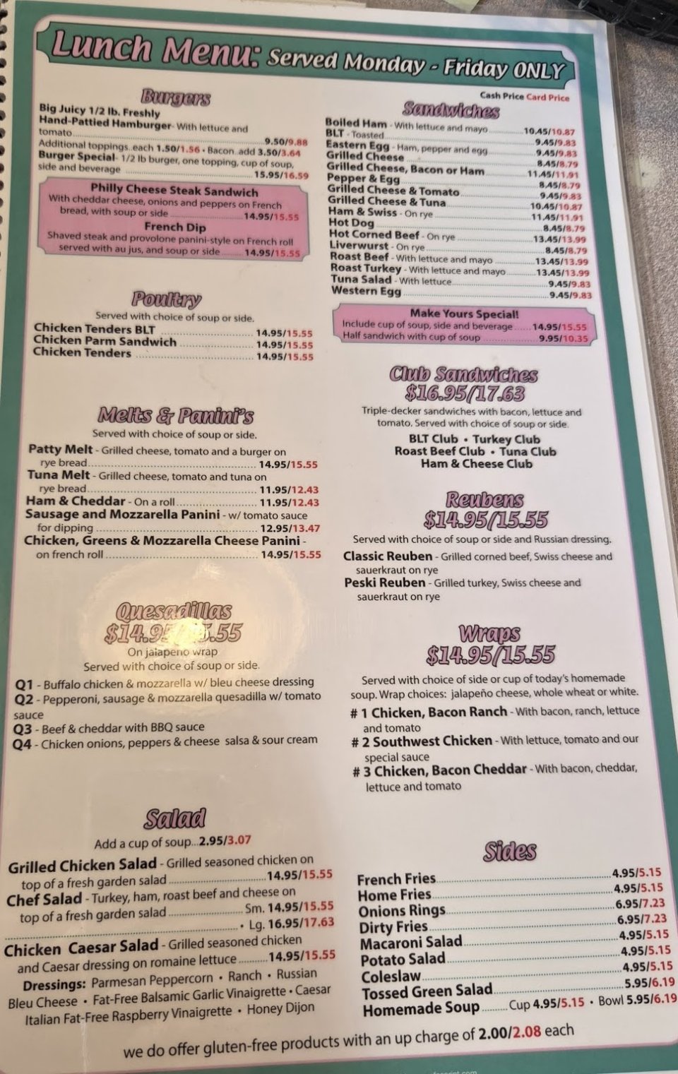 Classic diner menu with morning favorites.