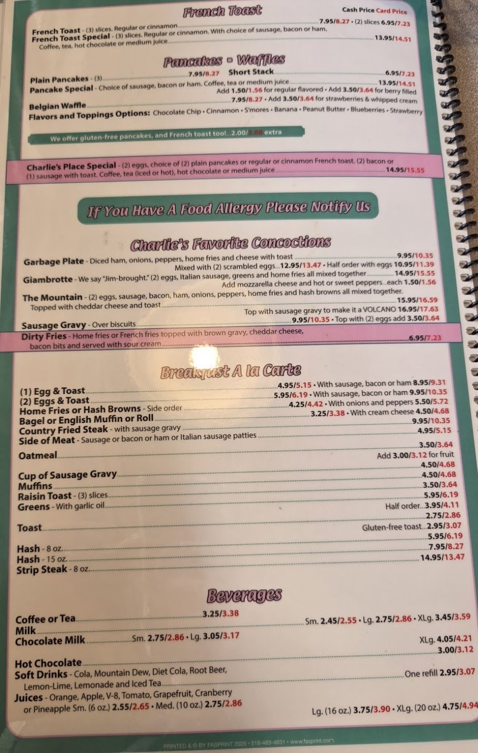 Menu page listing breakfast plates and omelets.