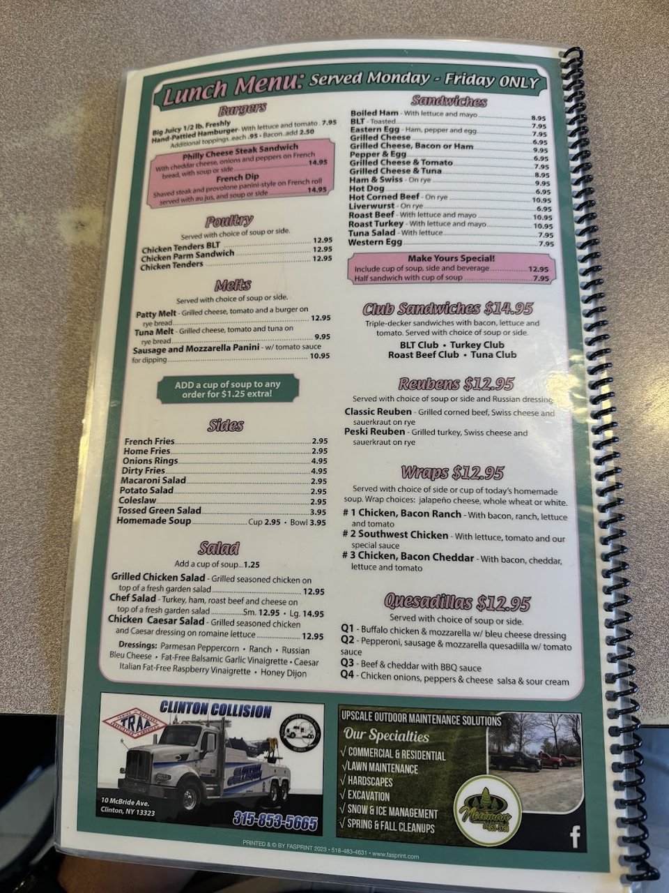 Breakfast menu with omelets and Benedicts.